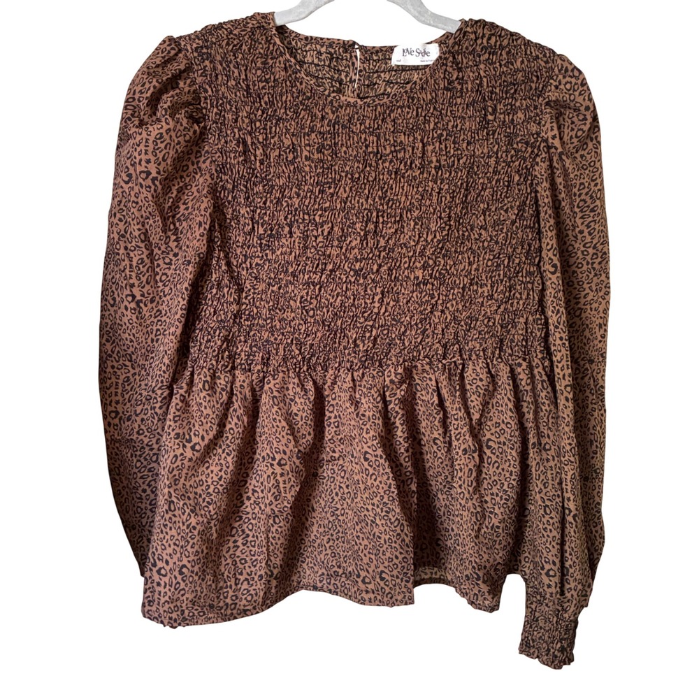 Feminine Boho Smocked Leopard Print Long Puff Sleeve Top Women Size S Brown